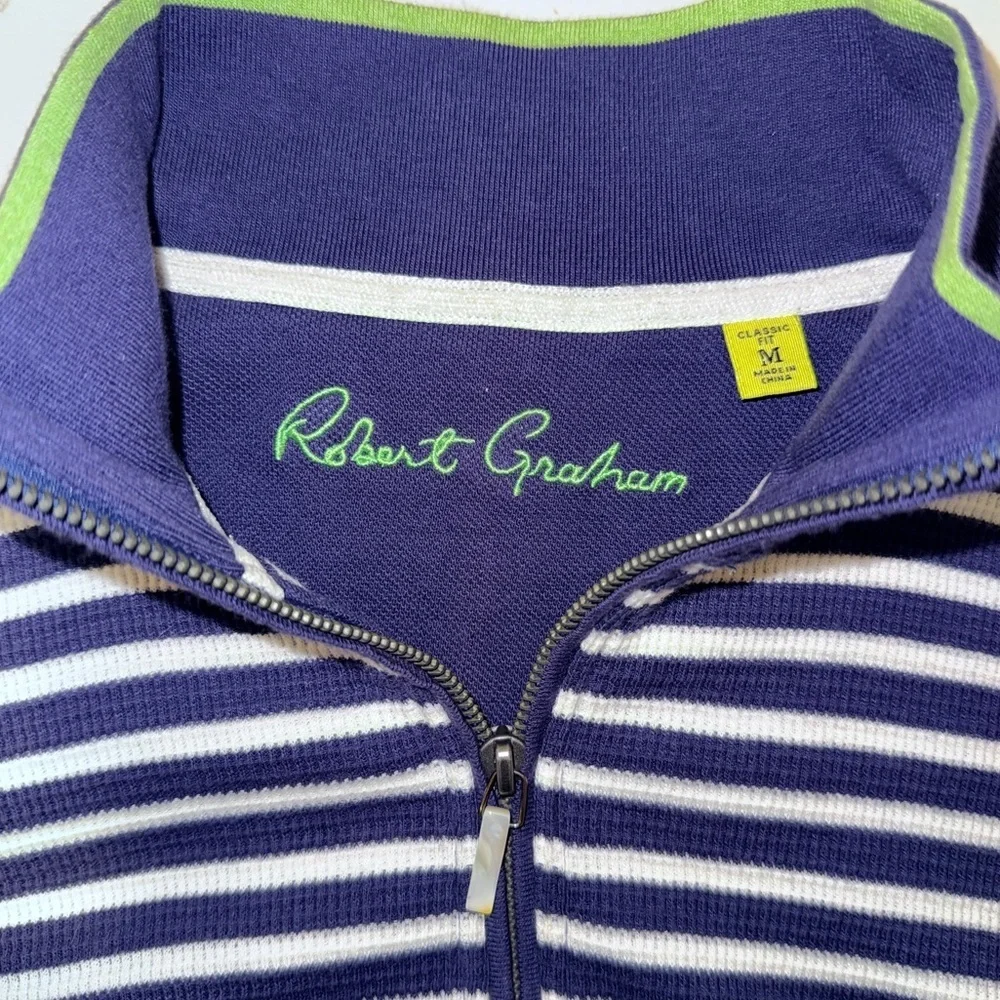Robert Graham Classic Fit Quarter Zip Sweater Navy White Stripe Cotton Men’s M